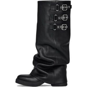 Women's Black Fall Slouchy Fold Over Tall Boots Motorcycle Zipper Fashion Buckle